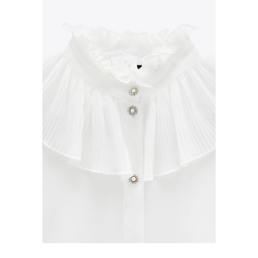 Zara White Ruffled Collar Blouse with Rhinestone Pearl Buttons